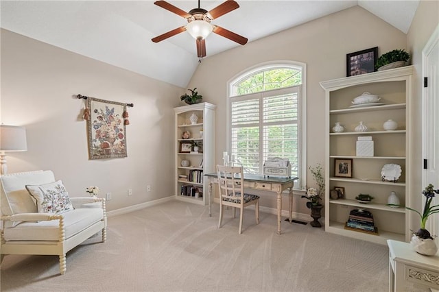 14208 Larsen St, Overland Park, KS 66221 - office area featuring vaulted ceiling, ceiling fan, and carpet