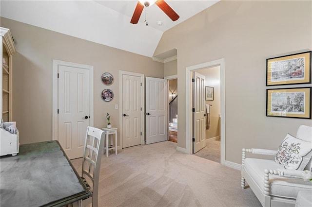 14208 Larsen St, Overland Park, KS 66221 - office area with ceiling fan, lofted ceiling, and light carpet