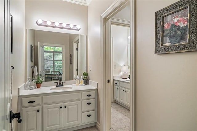 14208 Larsen St, Overland Park, KS 66221 - bathroom with vanity, tile patterned floors, and crown molding