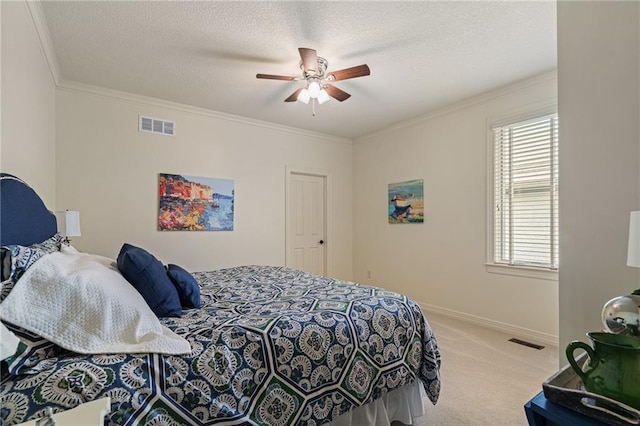 14208 Larsen St, Overland Park, KS 66221 - bedroom with carpet floors, crown molding, a textured ceiling, and a ceiling fan