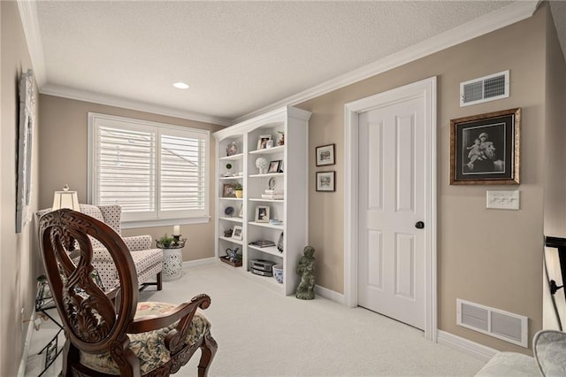 14208 Larsen St, Overland Park, KS 66221 - living area featuring carpet floors, a textured ceiling, and crown molding