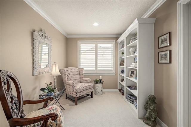 14208 Larsen St, Overland Park, KS 66221 - living area featuring carpet flooring, ornamental molding, and a textured ceiling