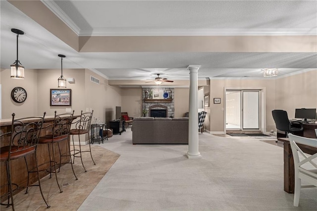 14208 Larsen St, Overland Park, KS 66221 - living area featuring light carpet, wet bar, a stone fireplace, crown molding, and ceiling fan