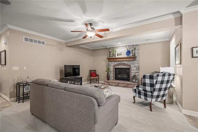14208 Larsen St, Overland Park, KS 66221 - living area featuring light colored carpet, a ceiling fan, a fireplace, and ornamental molding