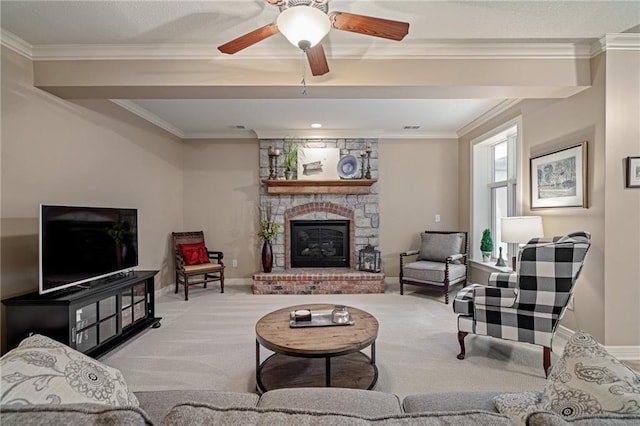 14208 Larsen St, Overland Park, KS 66221 - living area featuring carpet flooring, ornamental molding, a stone fireplace, and ceiling fan