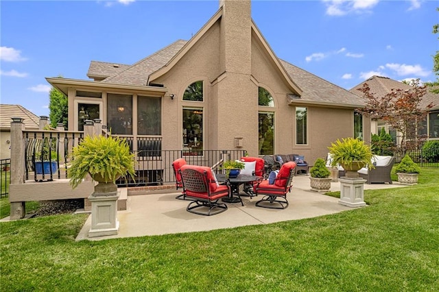 14208 Larsen St, Overland Park, KS 66221 - rear view of house with a patio area, a shingled roof, and stucco siding