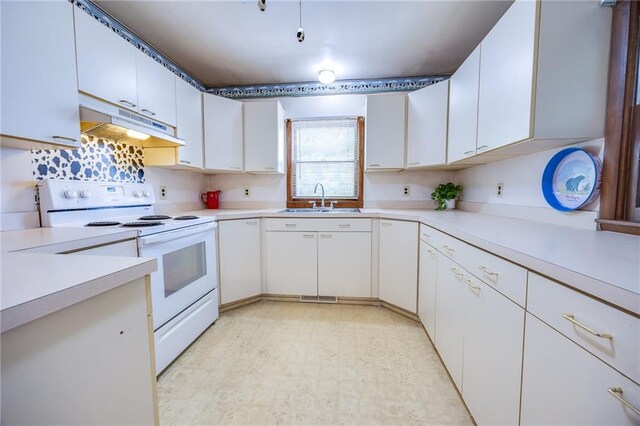 1110 E 1600th Rd, Lawrence, KS 66046 - kitchen with white electric range oven, under cabinet range hood, a sink, and light countertops
