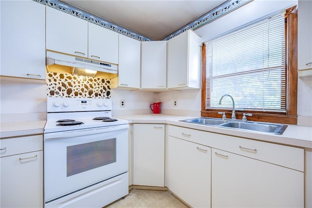 1110 E 1600th Rd, Lawrence, KS 66046 - kitchen featuring white electric range oven, a sink, under cabinet range hood, white cabinetry, and light countertops