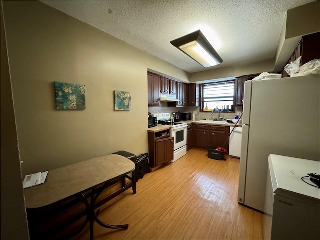 14051 Dunbar Ct, Grandview, MO 64030 - kitchen featuring white appliances, a sink, light wood-style floors, under cabinet range hood, and light countertops