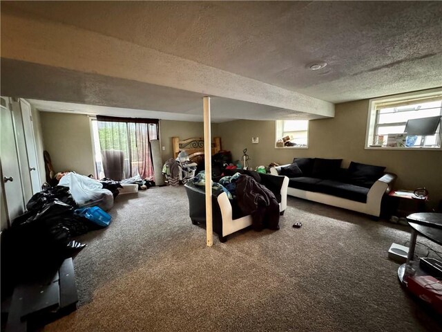 14051 Dunbar Ct, Grandview, MO 64030 - carpeted living room featuring a textured ceiling
