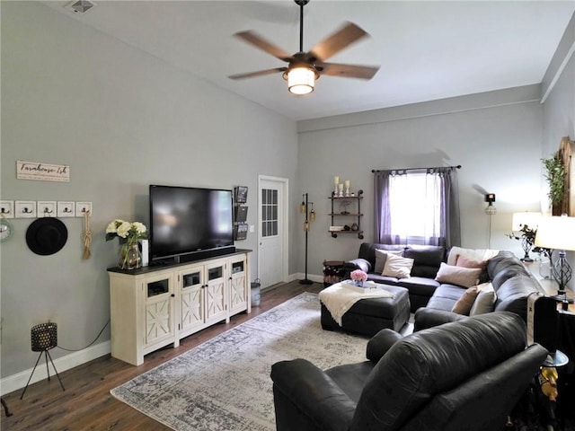 5325 Bryant Bottom Rd, Blackwater, MO 65322 - living area featuring ceiling fan, baseboards, and dark wood-style floors