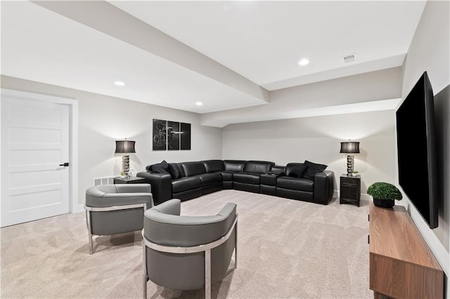6111 Persimmon Ct, Parkville, MO 64152 - living room featuring light colored carpet, recessed lighting, and baseboards