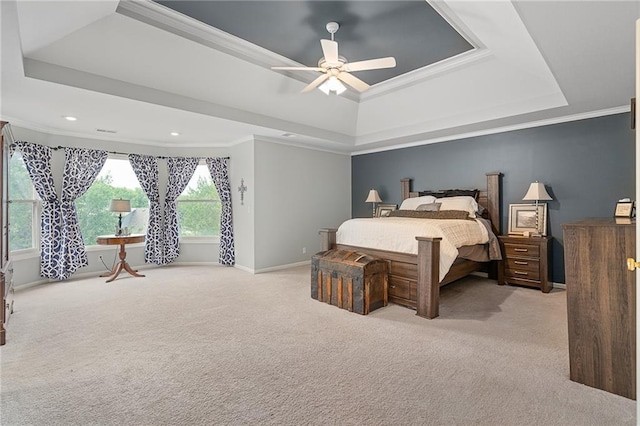 15998 Overbrook Ln, Overland Park, KS 66224 - bedroom featuring a tray ceiling, crown molding, carpet, a ceiling fan, and recessed lighting