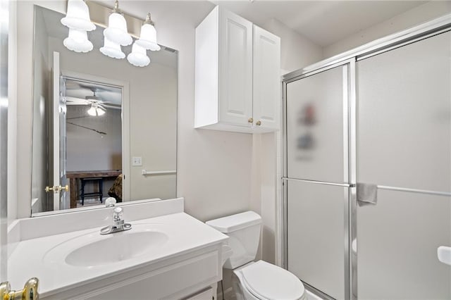15998 Overbrook Ln, Overland Park, KS 66224 - full bathroom featuring vanity, a stall shower, and a ceiling fan