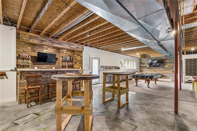 15998 Overbrook Ln, Overland Park, KS 66224 - indoor bar featuring billiards table, wooden walls, and concrete flooring