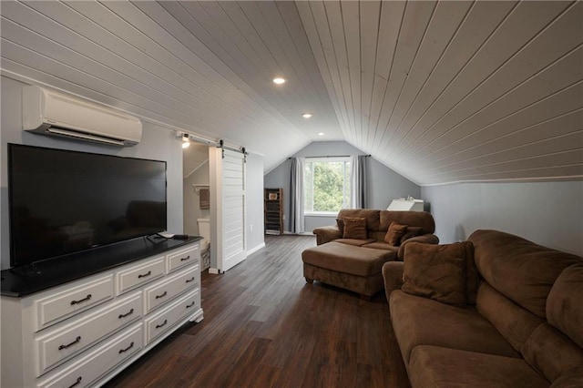 35705 E Rd Mize Rd, Oak Grove, MO 64075 - living room with a wall unit AC, wooden ceiling, lofted ceiling, dark wood-type flooring, and a barn door