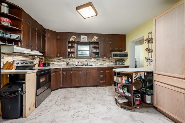 4207 10th Ave, Leavenworth, KS 66048 - kitchen featuring open shelves, stainless steel microwave, electric range oven, under cabinet range hood, and decorative backsplash