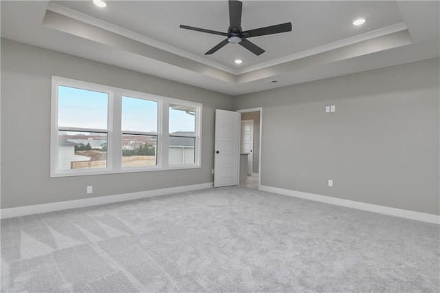 6018 Arapahoe St, Shawnee, KS 66226 - unfurnished bedroom with a tray ceiling, crown molding, light colored carpet, baseboards, and recessed lighting