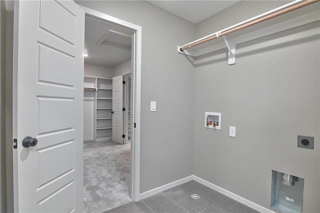 6018 Arapahoe St, Shawnee, KS 66226 - laundry room featuring washer hookup, electric dryer hookup, baseboards, dark carpet, and attic access