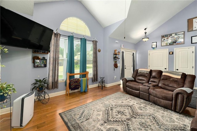 4316 Grand Ave, Leavenworth, KS 66048 - living room featuring high vaulted ceiling, wood finished floors, and baseboards