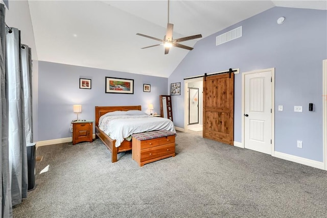 4316 Grand Ave, Leavenworth, KS 66048 - bedroom featuring high vaulted ceiling, baseboards, a barn door, and carpet flooring