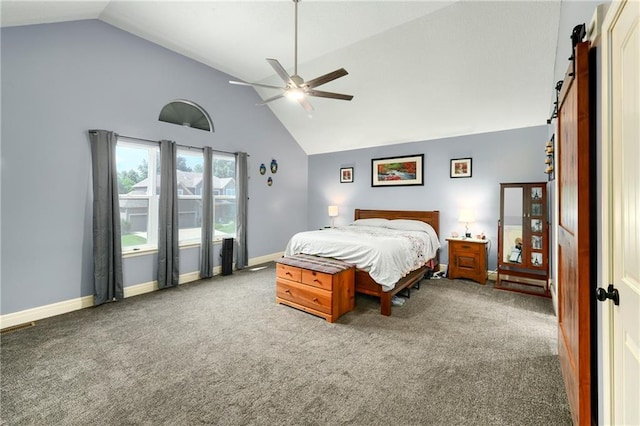 4316 Grand Ave, Leavenworth, KS 66048 - bedroom with a barn door, carpet flooring, high vaulted ceiling, baseboards, and ceiling fan