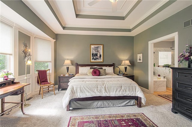 18765 S Alden St, Olathe, KS 66062 - carpeted bedroom featuring a raised ceiling, crown molding, and ensuite bathroom