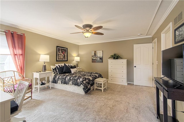 18765 S Alden St, Olathe, KS 66062 - bedroom with ornamental molding, light colored carpet, and a ceiling fan