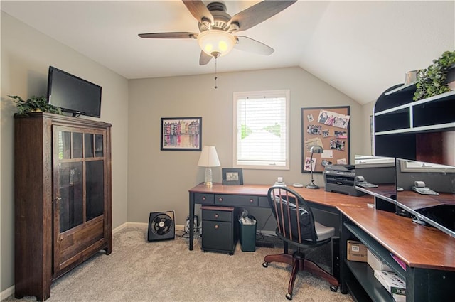 18765 S Alden St, Olathe, KS 66062 - home office with light colored carpet, ceiling fan, and vaulted ceiling