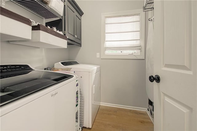 18765 S Alden St, Olathe, KS 66062 - laundry room featuring washer and clothes dryer, light wood-style flooring, and cabinet space