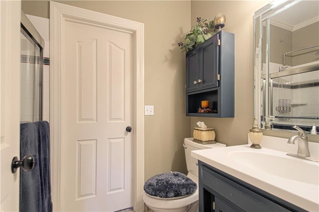 18765 S Alden St, Olathe, KS 66062 - full bathroom featuring vanity, a shower with door, and crown molding