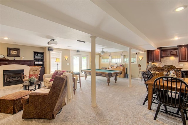 18765 S Alden St, Olathe, KS 66062 - game room with billiards table, light colored carpet, a glass covered fireplace, french doors, and recessed lighting