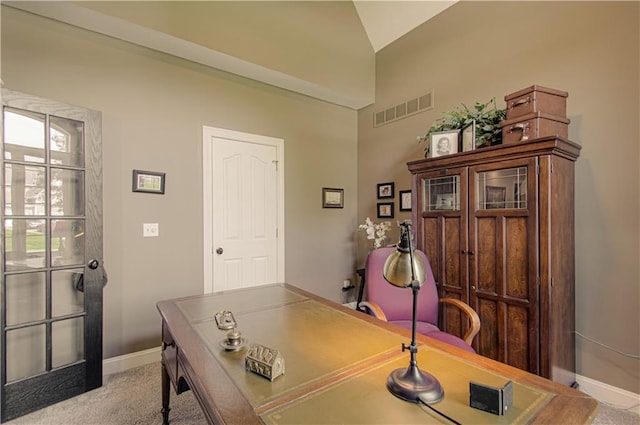 18765 S Alden St, Olathe, KS 66062 - carpeted home office with vaulted ceiling and baseboards