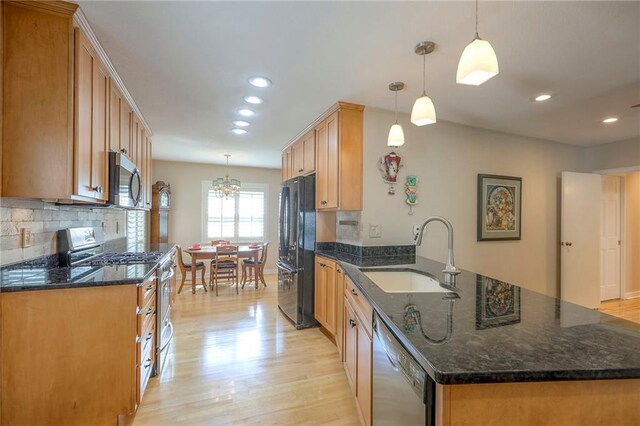 115 NE Green St, Lees Summit, MO 64063 - kitchen featuring gas stove, freestanding refrigerator, dishwasher, stainless steel microwave, and a peninsula