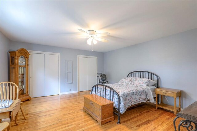 115 NE Green St, Lees Summit, MO 64063 - bedroom with two closets, light wood finished floors, and a ceiling fan