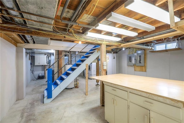 115 NE Green St, Lees Summit, MO 64063 - below grade area featuring stairs, washer / dryer, and electric panel