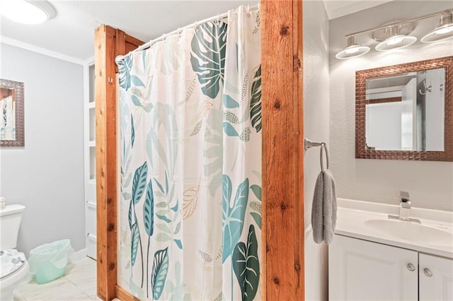 5470 SE Downing Rd, Lathrop, MO 64465 - bathroom with ornamental molding, vanity, and a shower with shower curtain