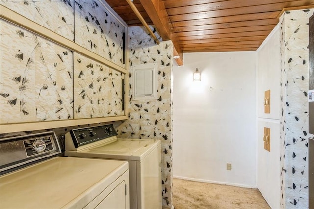 11120 E 35th Ter, Independence, MO 64052 - laundry area with wood ceiling, washer and clothes dryer, and light carpet