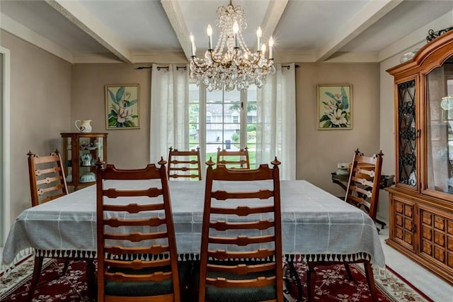 732 W 121st St, Kansas City, MO 64145 - dining room with a chandelier and beam ceiling