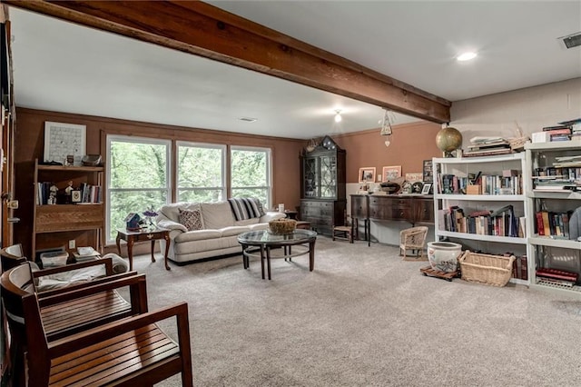 732 W 121st St, Kansas City, MO 64145 - living room with carpet flooring and beamed ceiling