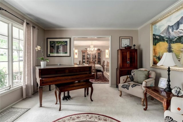 732 W 121st St, Kansas City, MO 64145 - living area featuring a chandelier, light colored carpet, and ornamental molding