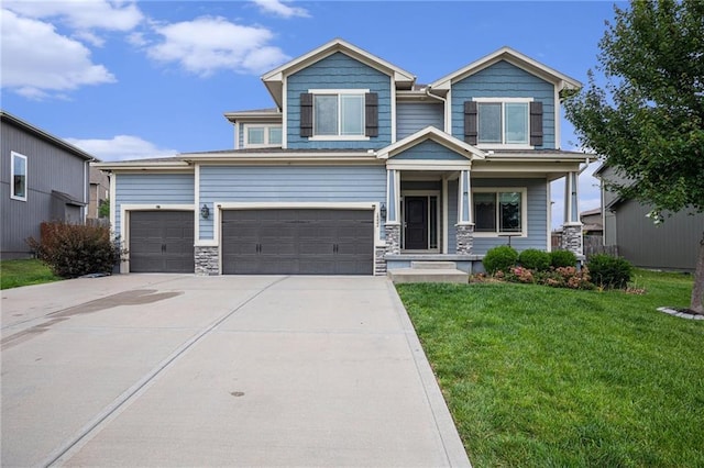 1532 SW Cross Creek Dr, Lees Summit, MO 64082 - craftsman-style house featuring a front yard, driveway, stone siding, and an attached garage