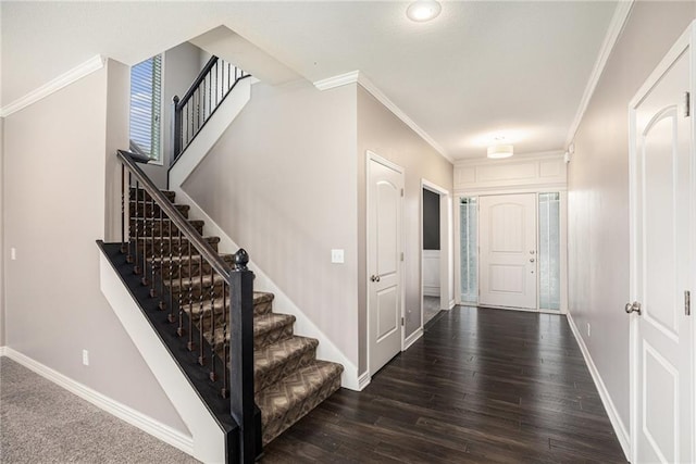 1532 SW Cross Creek Dr, Lees Summit, MO 64082 - entryway with stairs, ornamental molding, and dark wood-style floors