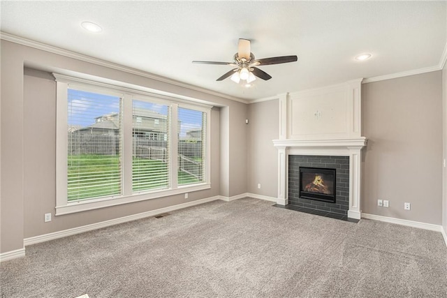 1532 SW Cross Creek Dr, Lees Summit, MO 64082 - unfurnished living room featuring ceiling fan, carpet floors, crown molding, a fireplace, and recessed lighting