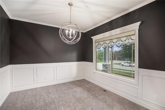 1532 SW Cross Creek Dr, Lees Summit, MO 64082 - spare room with a chandelier, carpet floors, wainscoting, ornamental molding, and a decorative wall