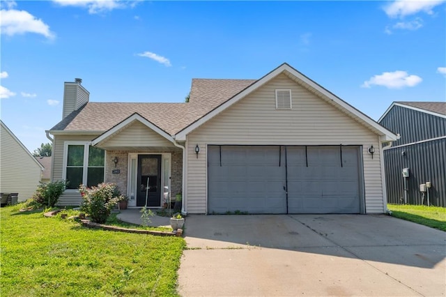 380 N Sumac St, Gardner, KS 66030 - view of front of home featuring a chimney, a front lawn, a garage, a shingled roof, and driveway