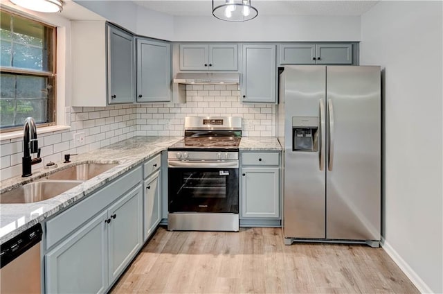 113 SE 250th Rd, Warrensburg, MO 64093 - kitchen with stainless steel appliances, gray cabinets, light wood finished floors, and under cabinet range hood