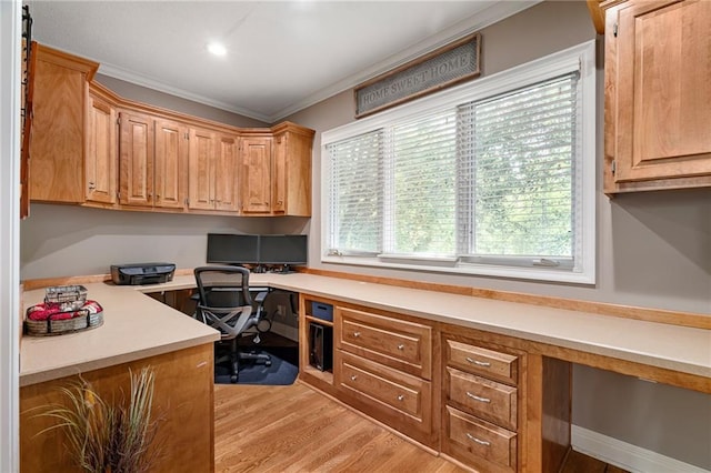 8709 Pine St, Lenexa, KS 66220 - office space featuring built in desk, ornamental molding, light wood-type flooring, and recessed lighting