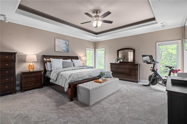 8709 Pine St, Lenexa, KS 66220 - bedroom with a tray ceiling, ornamental molding, light carpet, multiple windows, and a ceiling fan