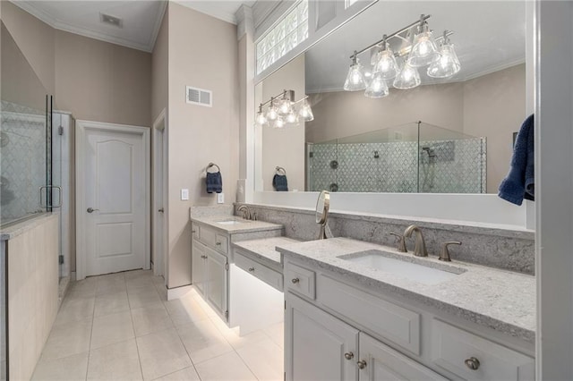 8709 Pine St, Lenexa, KS 66220 - bathroom with ornamental molding, a shower stall, vanity, tile patterned flooring, and a chandelier